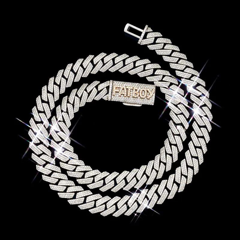 Custom Clasp 16MM Moissanite Cuban Link Chain in sterling silver with rose gold plating, FATBOY custom clasp iced out, displayed on black background