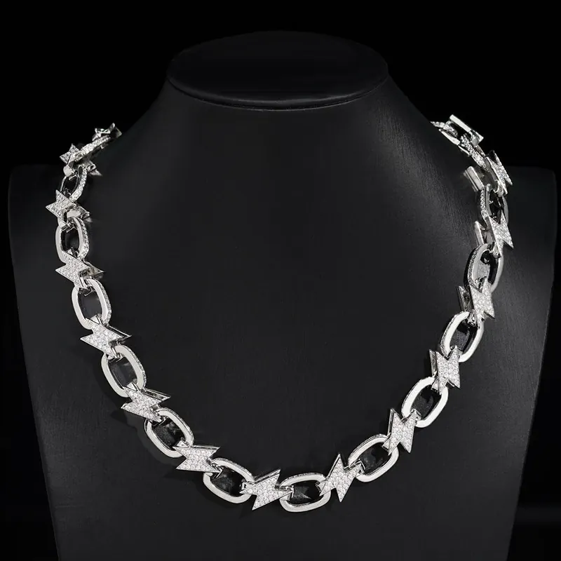 14mm Bolt Link Chain necklace sterling silver iced with VVS moissanite, 14K white gold plated, hip hop necklace on mannequin bust display