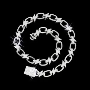 14mm Bolt Link Chain necklace in solid sterling silver with VVS moissanite, 14K white gold plated, iced out hip hop jewelry on black background
