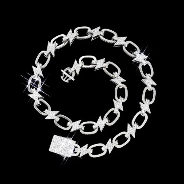 14mm Bolt Link Chain necklace in solid sterling silver with VVS moissanite, 14K white gold plated, iced out hip hop jewelry on black background