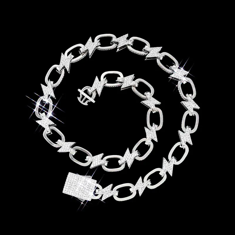 14mm Bolt Link Chain necklace in solid sterling silver with VVS moissanite, 14K white gold plated, iced out hip hop jewelry on black background
