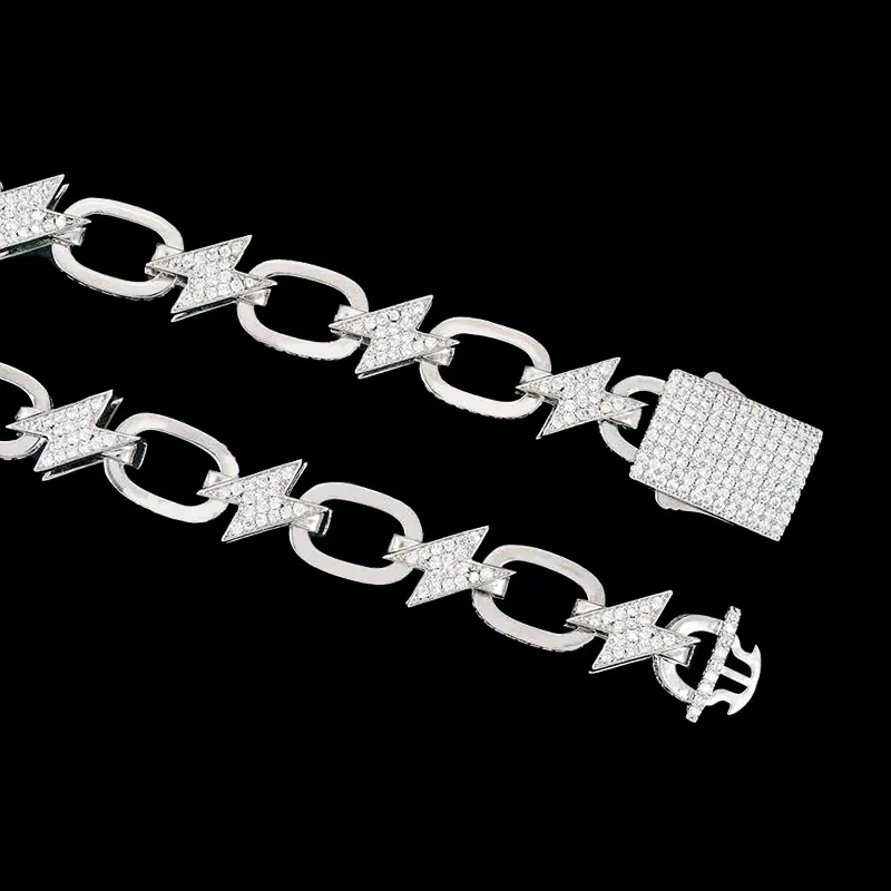 Sterling silver 14mm Bolt Link Chain necklace with VVS moissanite, 14K white gold plated, flat laid display showing box clasp details