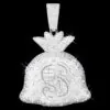 Moneybag Pendant in brass with CZ stones,   14K white gold plated,   iced out hip hop jewelry,   front view display