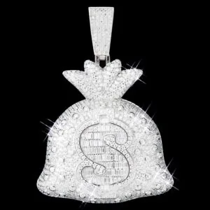 Moneybag Pendant in brass with CZ stones, 14K white gold plated, iced out hip hop jewelry, front view display