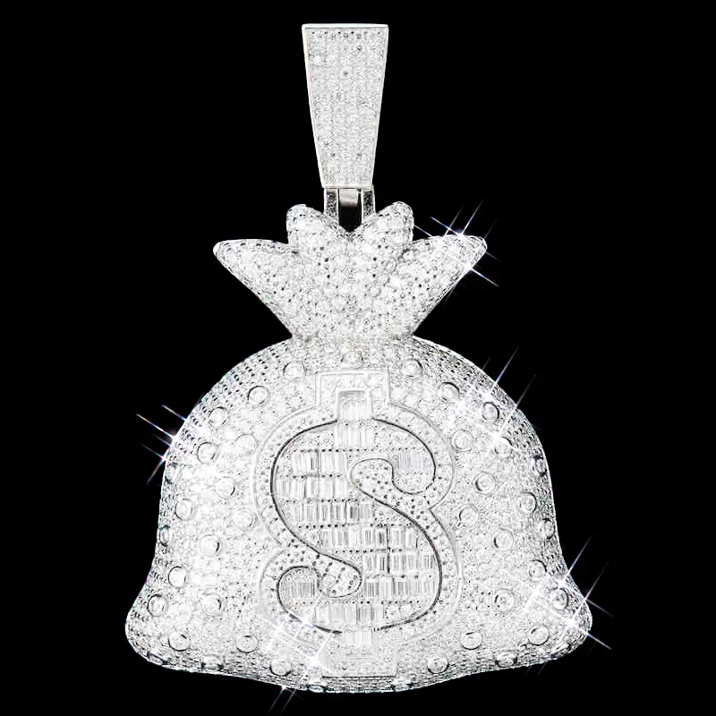 Moneybag Pendant in brass with CZ stones, 14K white gold plated, iced out hip hop jewelry, front view display