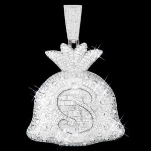 Baguette money bag pendant with moissanite stones
