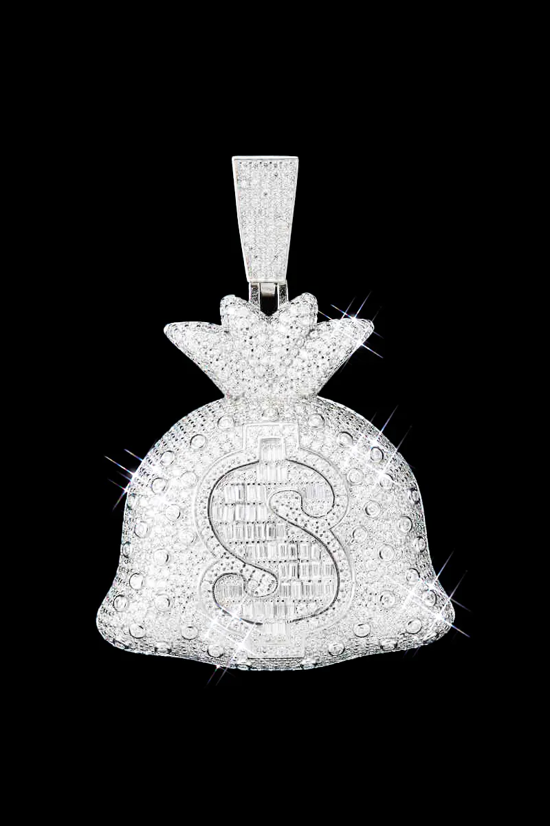 Baguette money bag pendant with moissanite stones