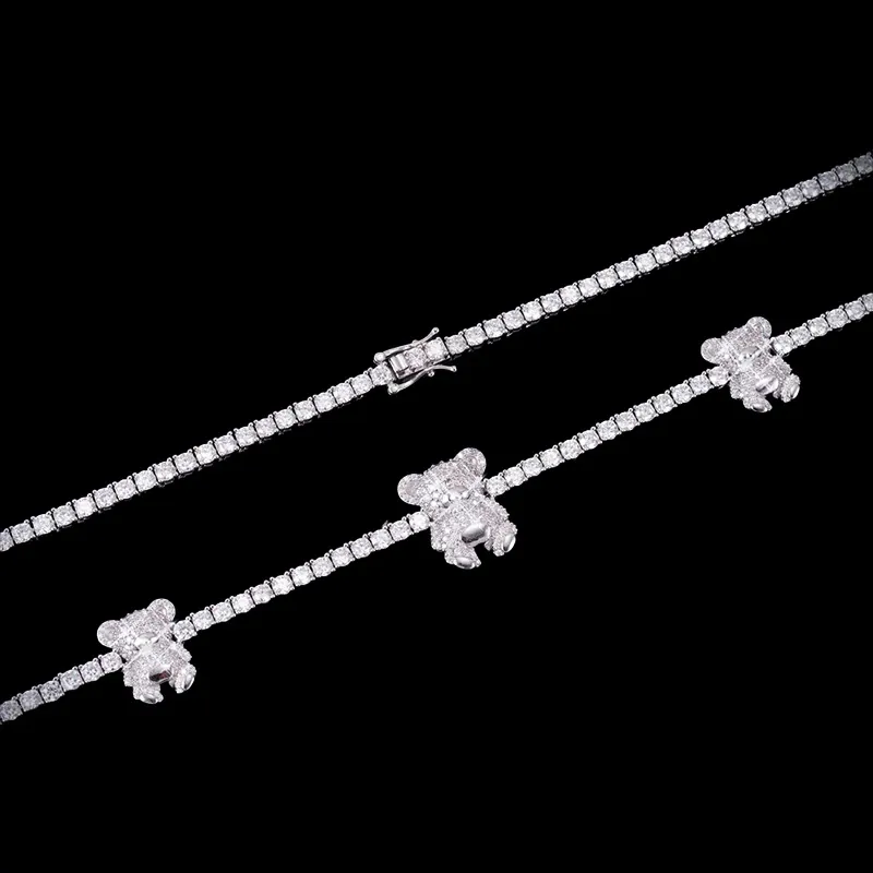 14K white gold plated bear Tennis Chain necklace crafted in sterling silver with VVS moissanite, iced out hip hop chain folded flat for display