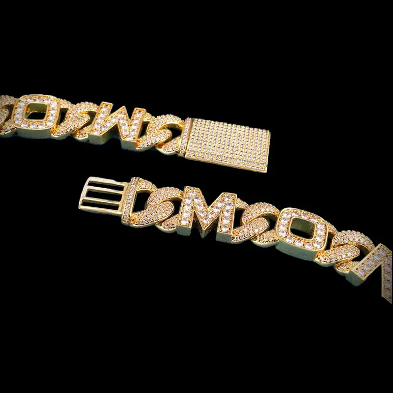 Sterling silver Moneybag Cuban Chain custom letter chain, 14K white gold plated, iced out with VVS moissanite, flat laid display showing box clasp details