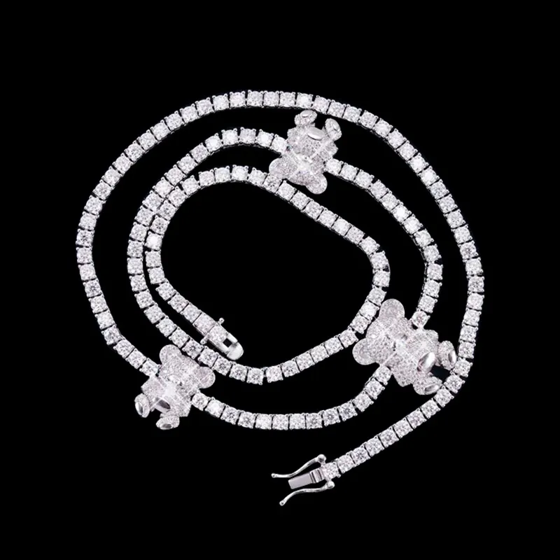 Iced out bear Tennis Chain necklace sterling silver with VVS moissanite, 14K white gold plated, luxury hip hop jewelry on black background