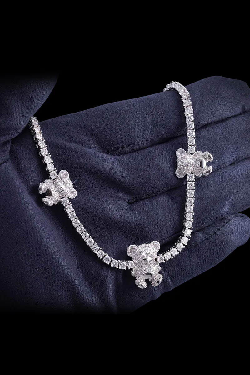 3MM teddy bear tennis necklace in 14K gold