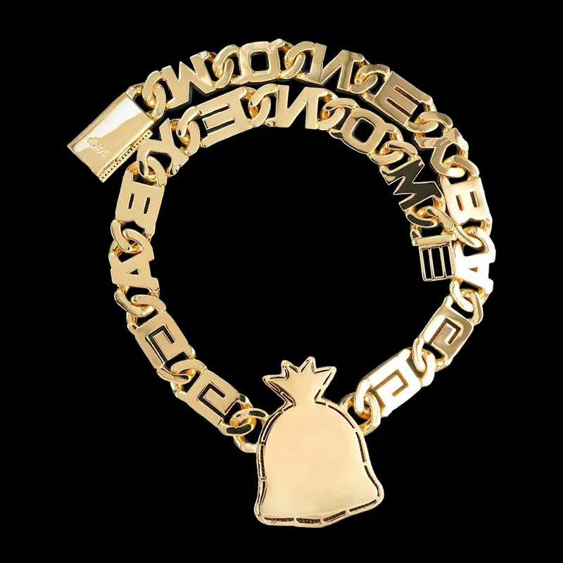 Back view of Moneybag Cuban Chain custom letter chain in sterling silver with VVS moissanite, 14K white gold plated, iced out hip hop jewelry pendant on black background