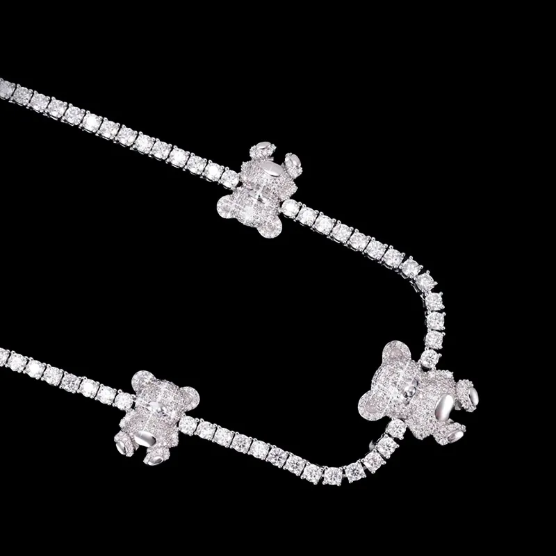 Sterling silver bear Tennis Chain necklace with VVS moissanite, 14K white gold plated, three iced out bear charms centered on flat laid chain