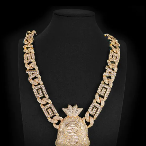 Moneybag Cuban Chain custom letter chain crafted in sterling silver with VVS moissanite, 14K white gold plated, iced out pendant necklace on mannequin bust