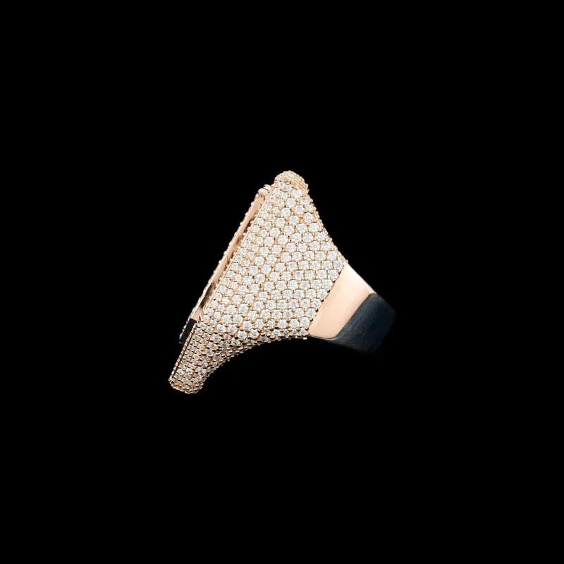 Side view of BAD Shield Ring in sterling silver with moissanite, 14K gold plated, iced out hip hop ring showcasing thickness and design details