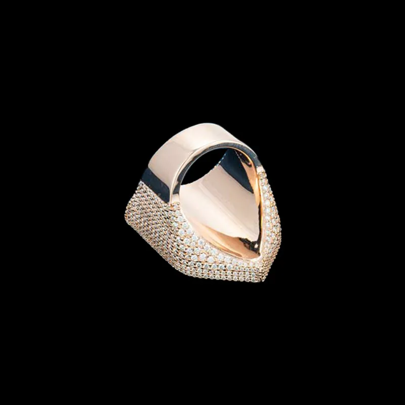 Back view of BAD Shield Ring in sterling silver with moissanite, 14K gold plated, iced out hip hop jewelry