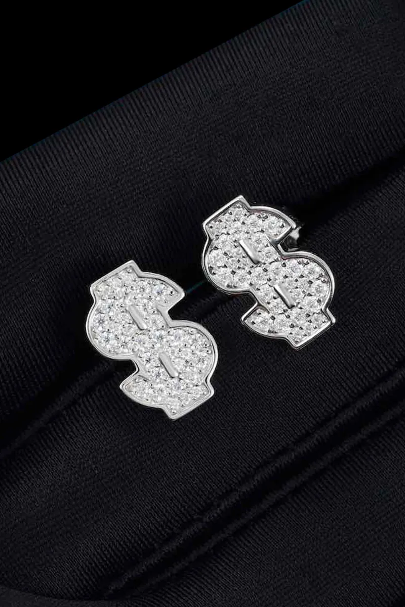 Close-up of moissanite dollar earrings