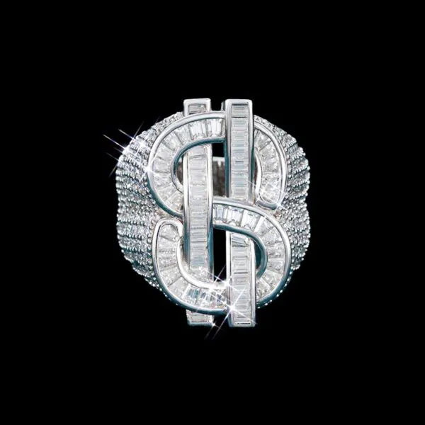 Dollar Sign CZ Ring in brass with baguette and round CZ stones, 14K white gold plated, iced out hip hop jewelry, front view showing $ symbol