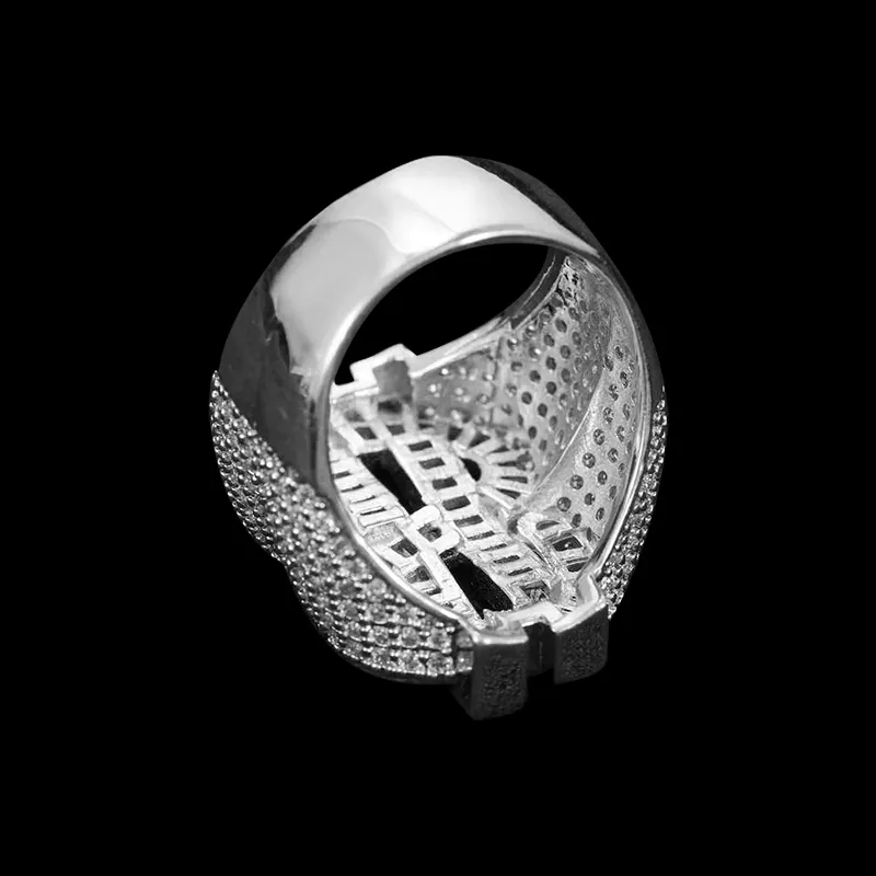 Back view of Dollar Sign CZ Ring in brass with CZ stones, 14K white gold plated, iced out hip hop ring