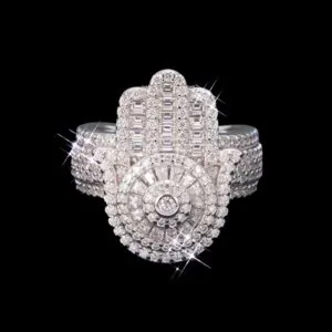 Hand Shaped Ring in sterling silver with moissanite, 14K white gold plated, iced out hip hop jewelry, front view display