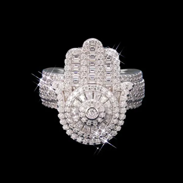 Hand Shaped Ring in sterling silver with moissanite, 14K white gold plated, iced out hip hop jewelry, front view display