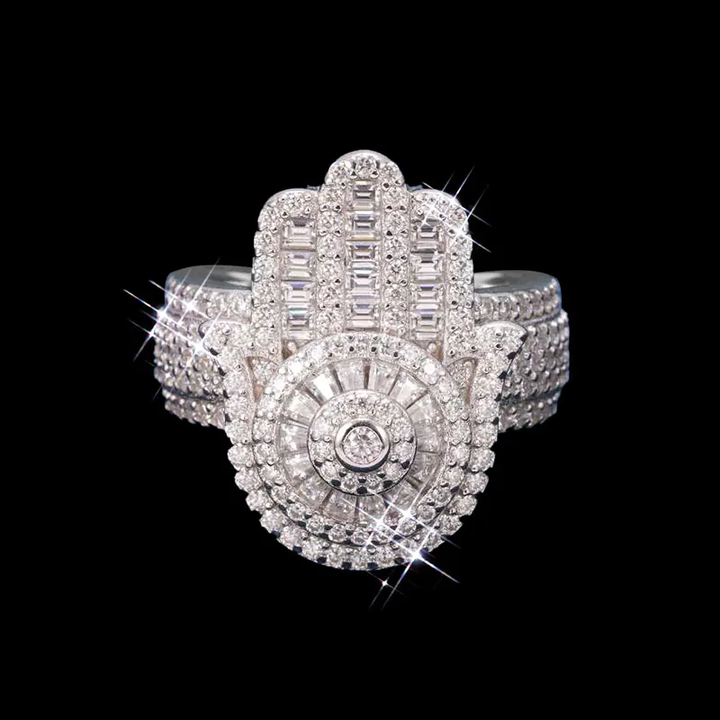 Hand Shaped Ring in sterling silver with moissanite, 14K white gold plated, iced out hip hop jewelry, front view display