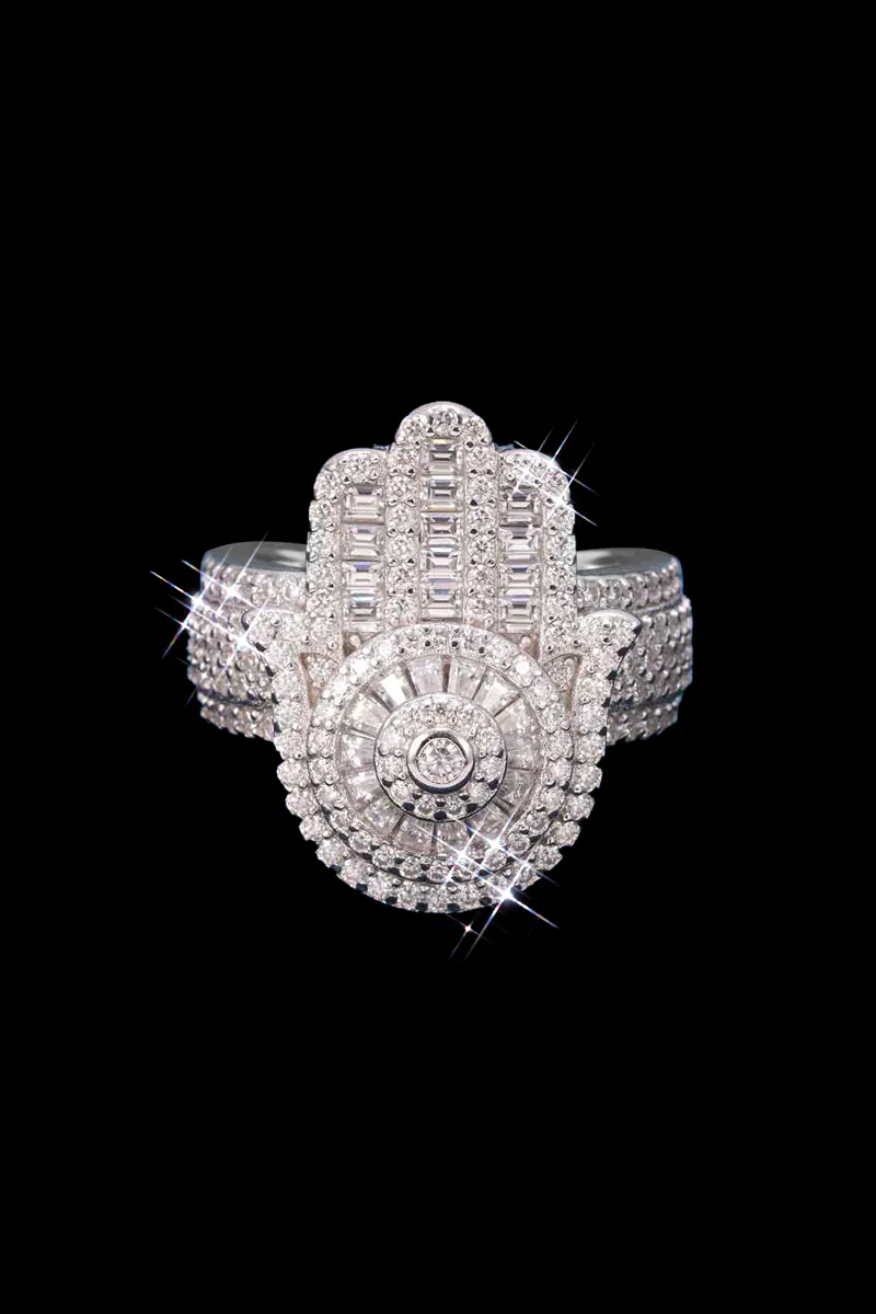 Hand-set moissanite spiritual ring design