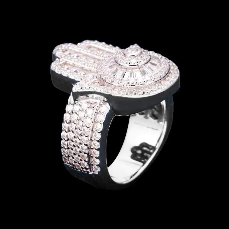 Side view of Hand Shaped Ring in sterling silver with moissanite, 14K white gold plated, iced out hip hop jewelry