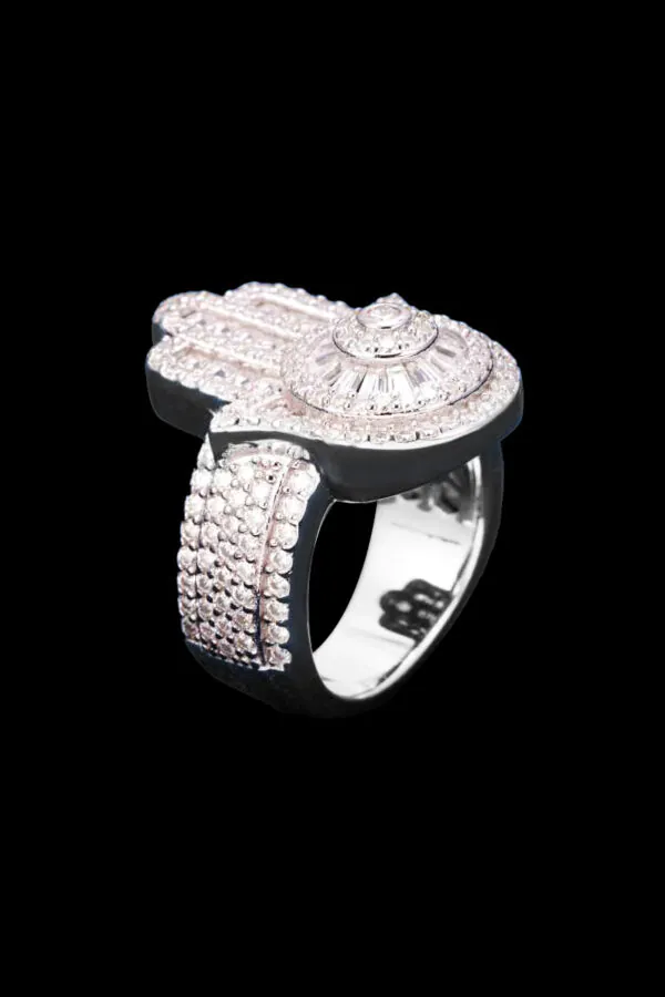 Moissanite baguette Hamsa hand ring in 14K white gold