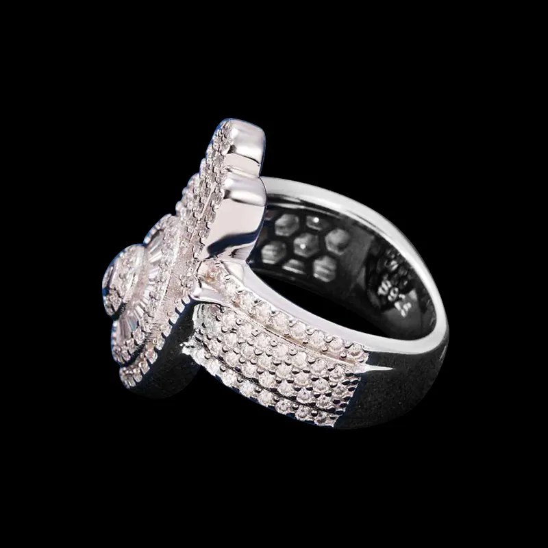 Close up of Hand Shaped Ring in sterling silver with moissanite, 14K white gold plated, iced out design shown from angled side view