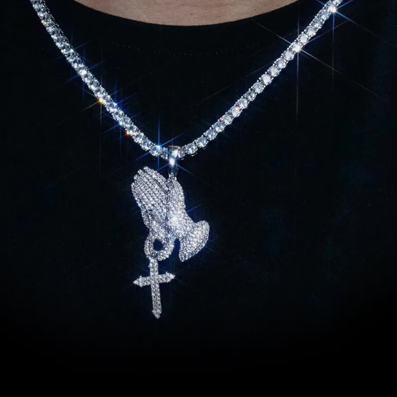 VVS Praying Hands Pendant in brass with CZ stones, 14K white gold plated, worn on 3mm rope chain on male model chest, iced out pendant necklace