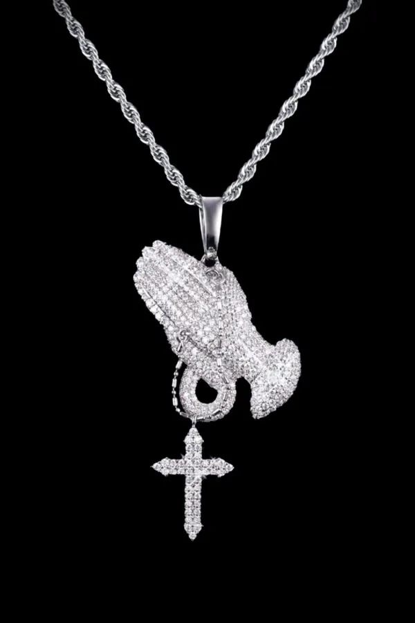 Iced out praying hands necklace with CZ stones