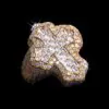 Fleur Cross Ring in sterling silver with moissanite,   14K gold plated,   iced out hip hop jewelry,   front view showing fleur cross design