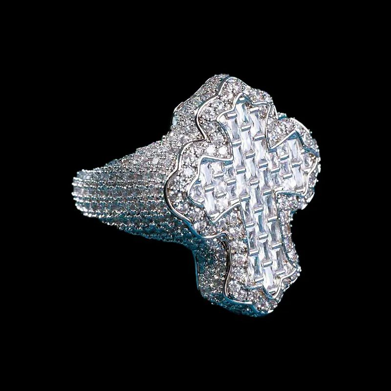 Side view of Fleur Cross Ring in sterling silver with moissanite, 14K white gold plated, iced out hip hop jewelry highlighting side profile