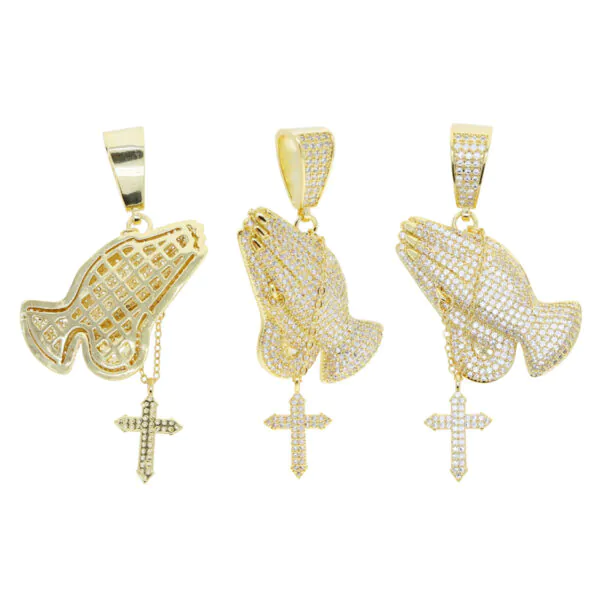 Gold VVS Praying Hands Pendant in brass with CZ stones, 14K gold plated, displayed on white background showing back, side, and front views