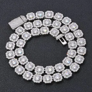 10mm silver cluster tennis chain square design coiled on black background showing iced stones