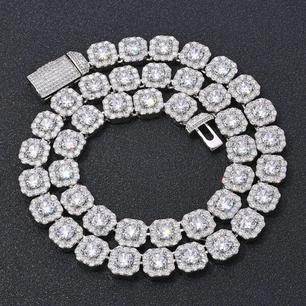 10mm silver cluster tennis chain square design coiled on black background showing iced stones