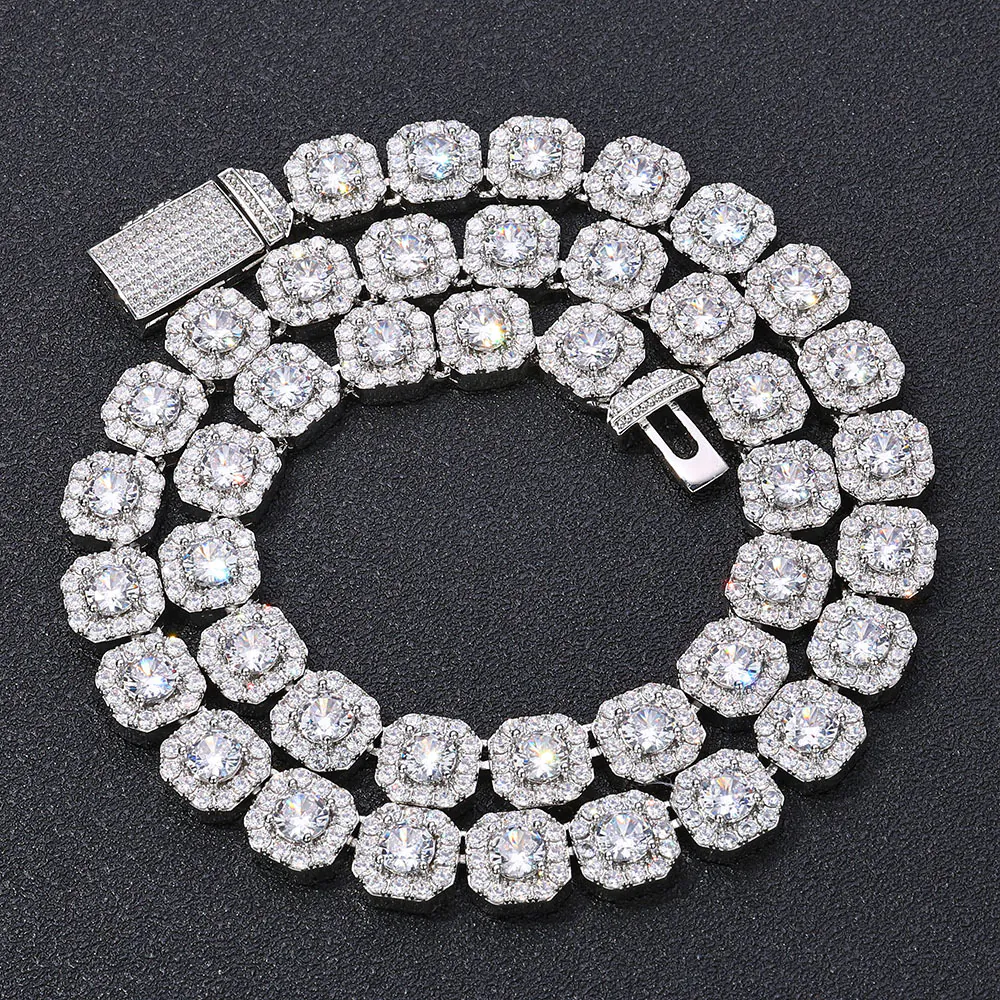 10mm silver cluster tennis chain square design coiled on black background showing iced stones