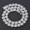 10mm silver cluster tennis chain square design coiled on black background showing iced stones