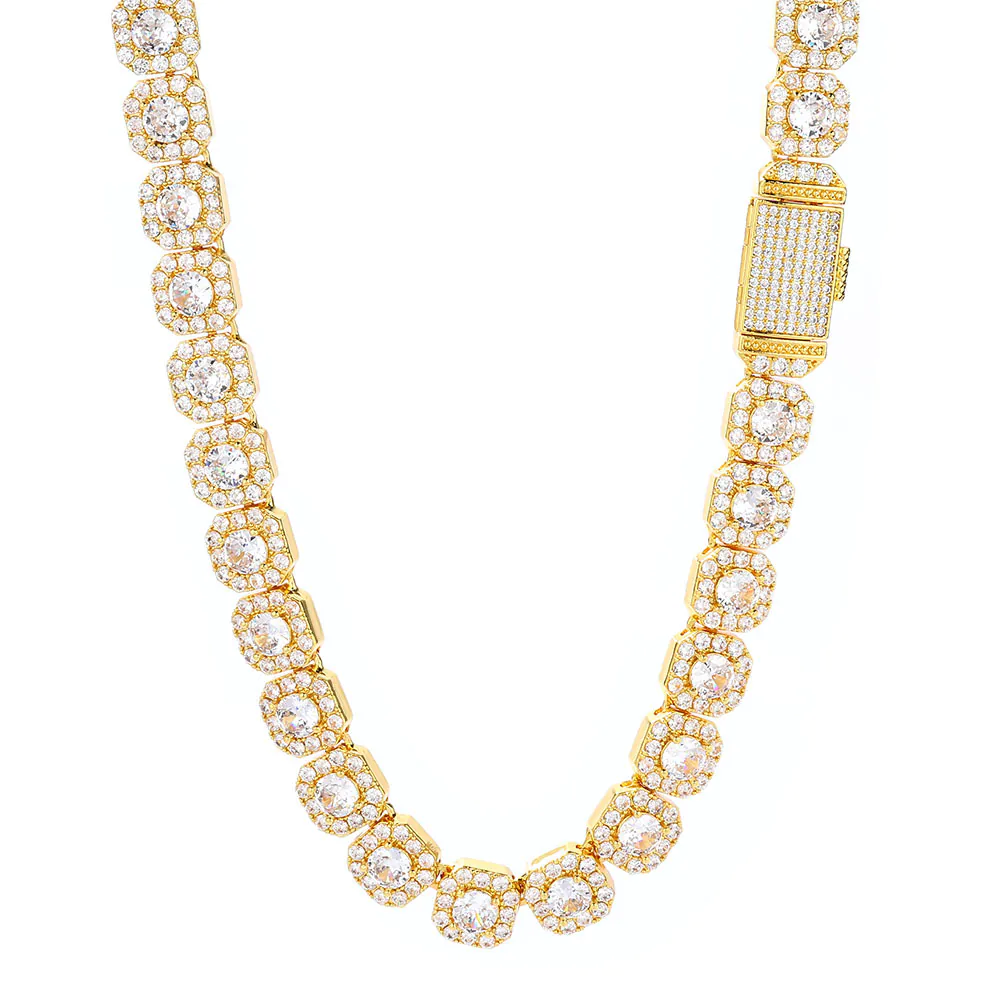 Gold 10mm cluster tennis chain square design hanging on white background simulating wear