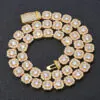12mm Gold cluster tennis chain square design coiled on black background showing iced stones