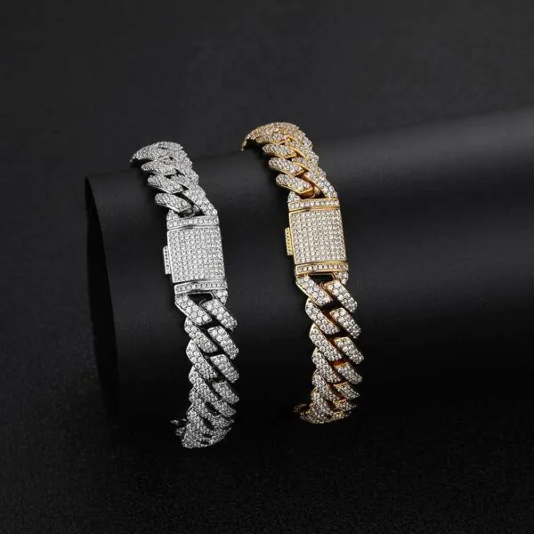 Silver and gold 10mm Miami Cuban chains wrapped around a display cylinder, simulated wear