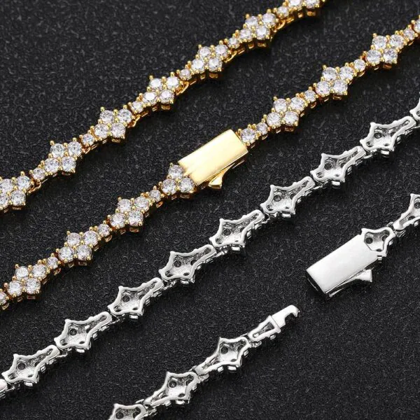 Gold 6.5mm Special Links Tennis Chain hanging on white background, front display simulating wear
