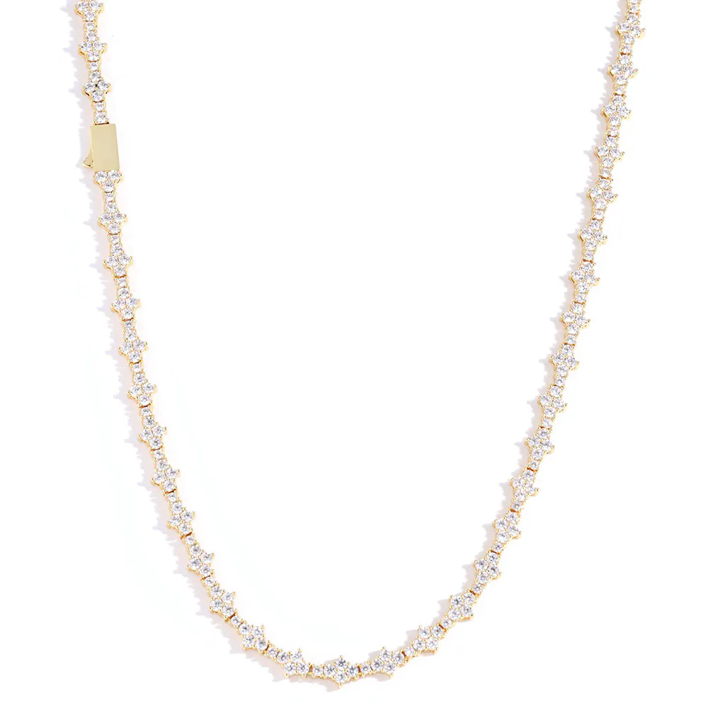 Gold 6.5mm Special Links Tennis Chain hanging on white background, front display simulating wear