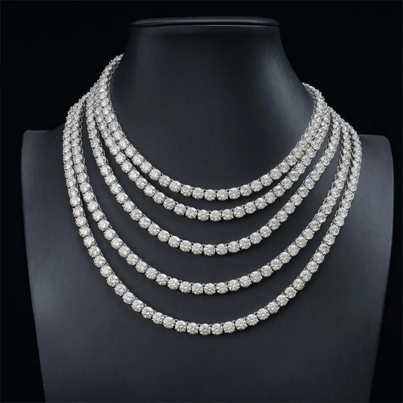 Five 6.5mm 925 silver moissanite tennis chains hanging on mannequin display