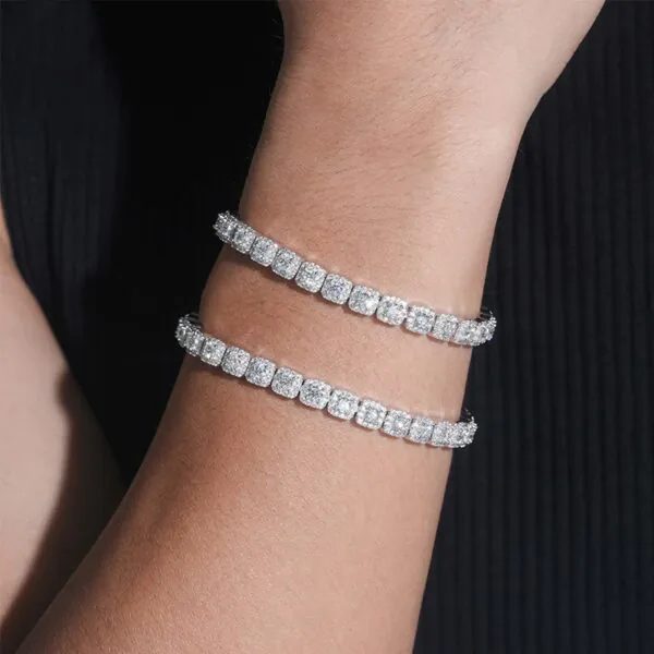 Two 6mm halo moissanite bracelets worn on wrist, brilliant shine under light