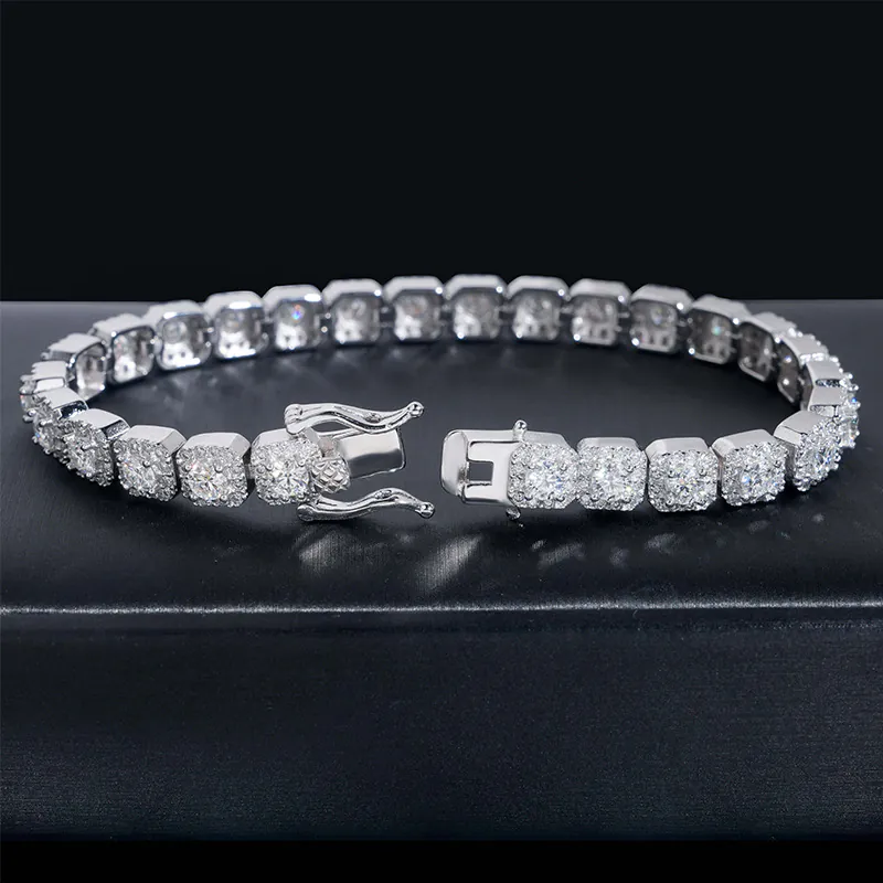 925 silver moissanite halo tennis bracelet laid flat with clasp and back details