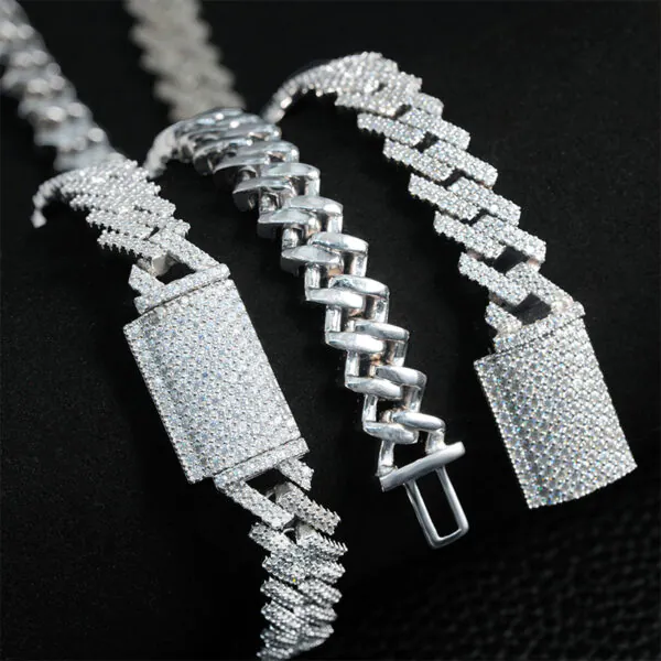 Close-up of custom clasps and backside details on 10mm moissanite Cuban chains in three colors
