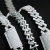 Close-up of custom clasps and backside details on 10mm moissanite Cuban chains in three colors