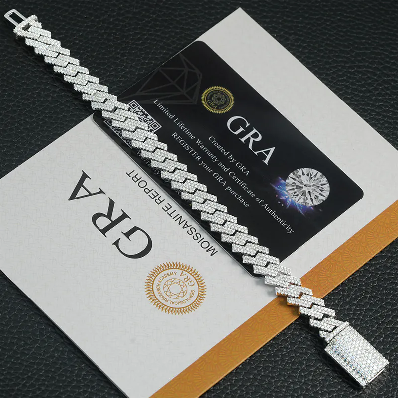 White gold 10mm Cuban chain displayed flat with GRA certificate
